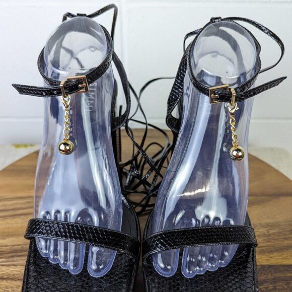 Simmi London Daina Black Patent Faux Snake Print Lace Up Platform Block Heel - Picture 8 of 16